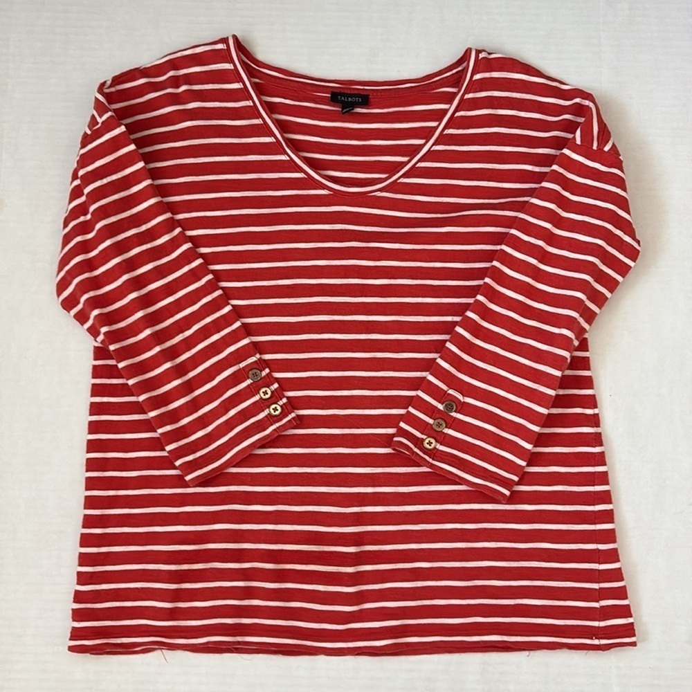 Talbots Cotton 3/4 Sleeves Scoop Neck Orange Stripes Medium